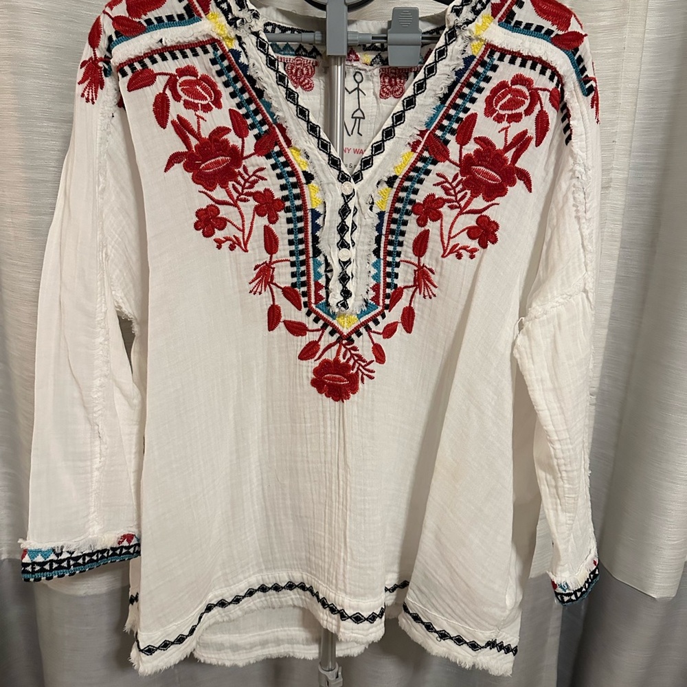 Johnny Was White Tunic with Red and Blue Embroidery